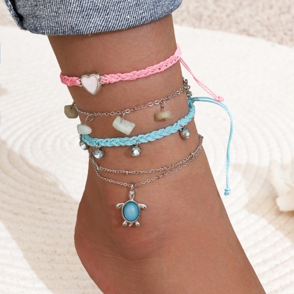 Blue and pink 4 piece ankle bracelet set